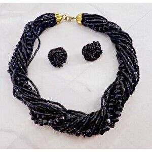 VTG Black Women's Multi Strand Bead Chocker Necklace Matching Post Earring Set